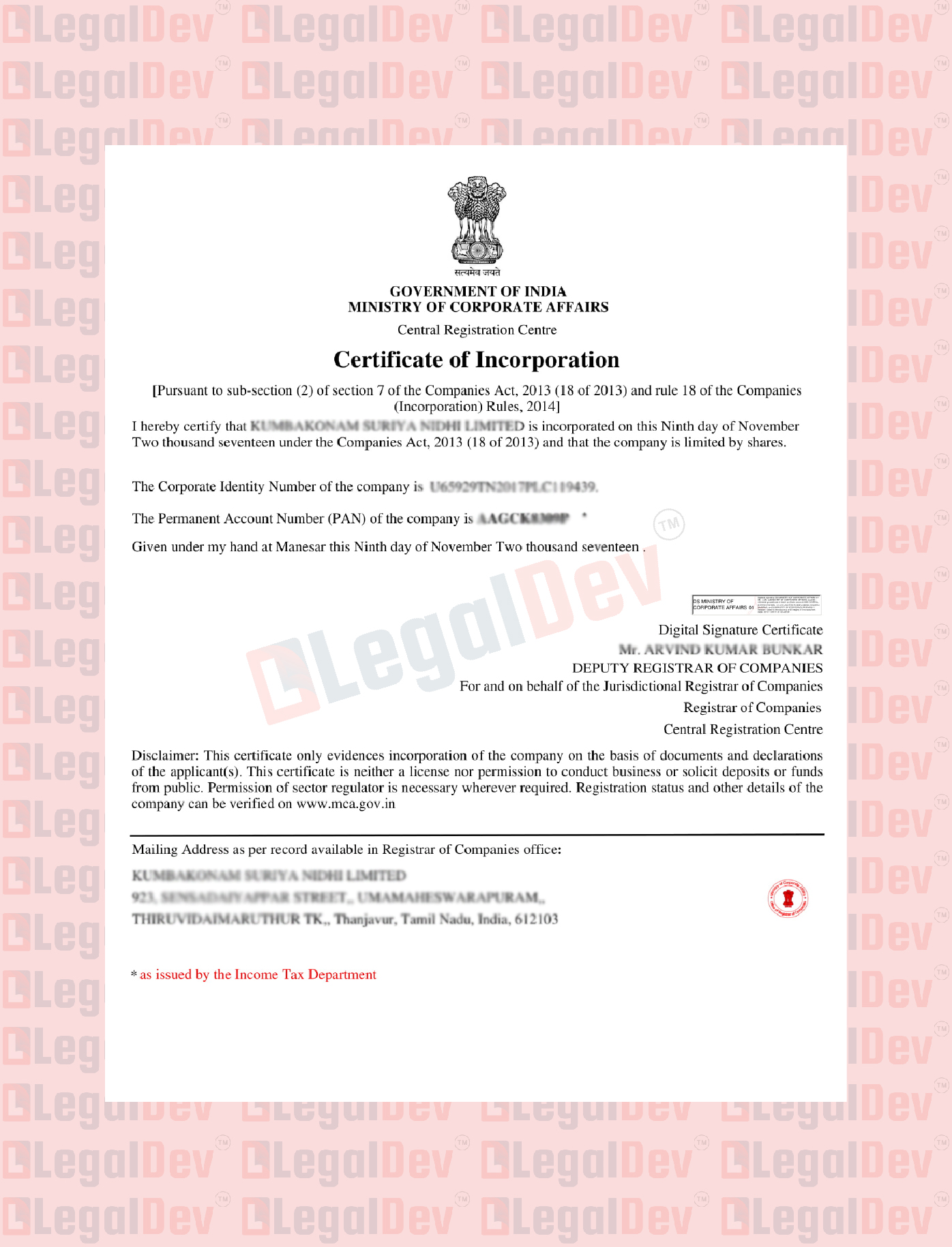 Nidhi Registration certificate